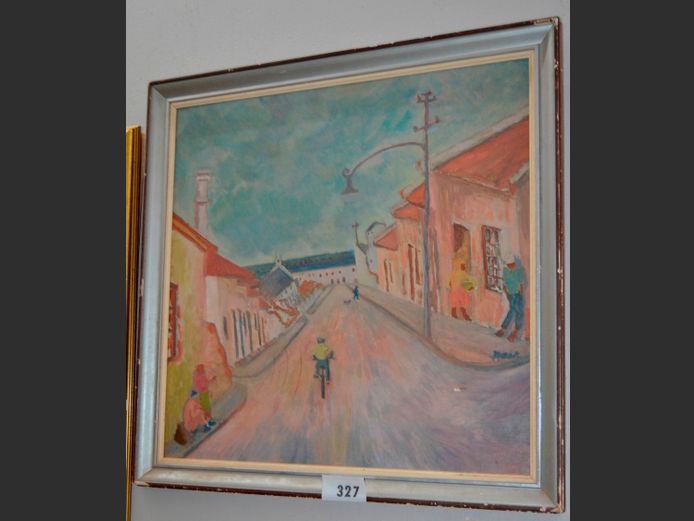 FRAMED OIL ON BOARD "STREET SCENE", 59.5 x 59cm