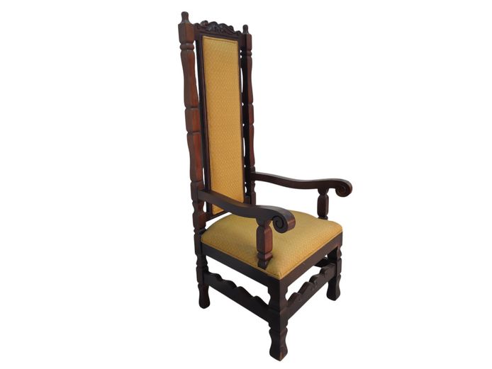 Vintage High-Back Carved Wooden Armchair