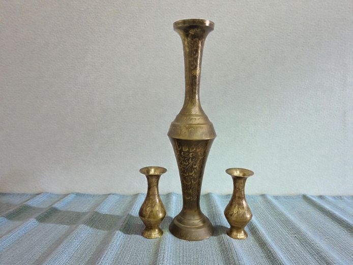 Set of Three Vintage Engraved Brass Vases