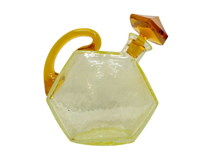 Mid-Century Uranium "Vaseline" Crackle Glass Decanter with Amber Handle & Stopper