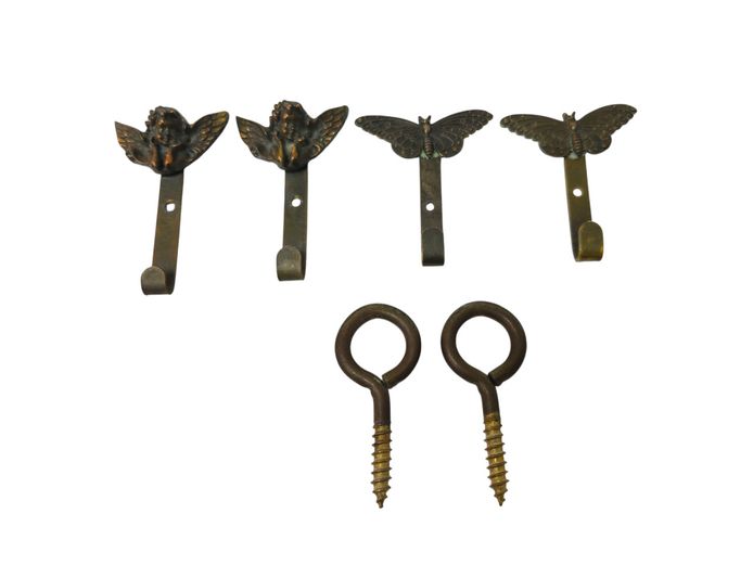 Vintage Brass Cherub & Butterfly Decorative Wall Hooks (6-Piece Set)