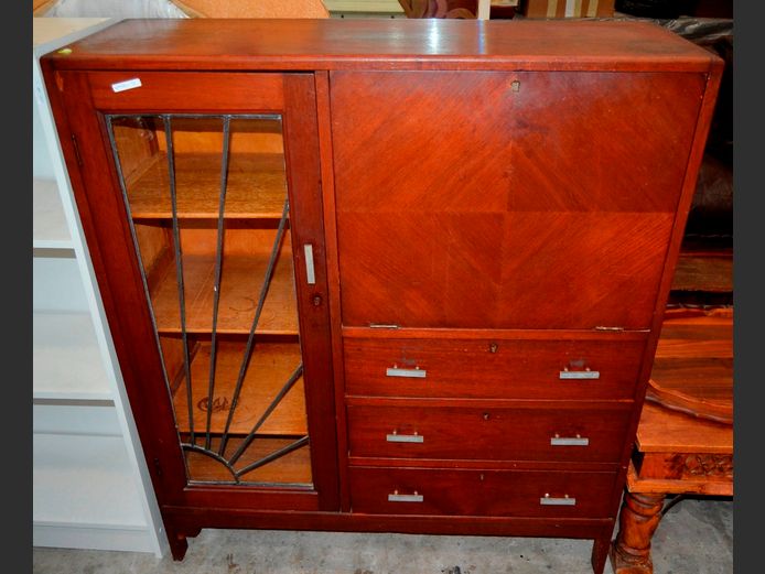 TEAK LEAD GLASS FRONT SINGLE DOOR, 3-DRAWER CABINET, 106 x 35.5 x 121cm