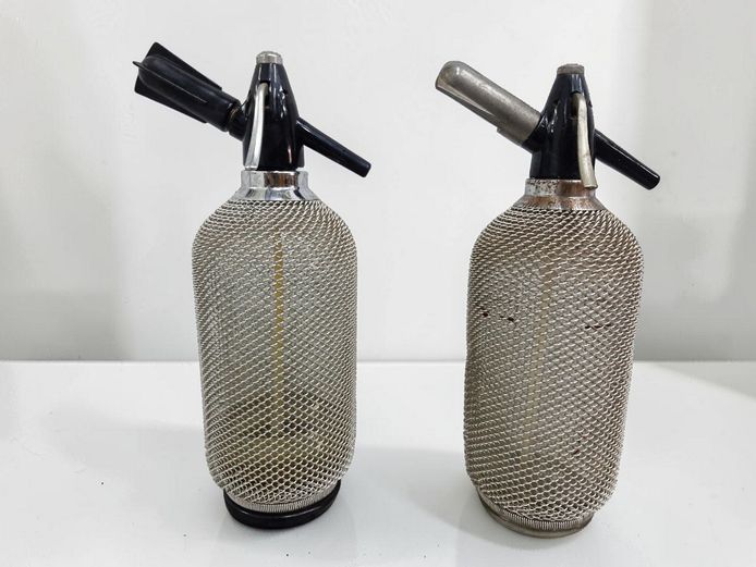 Pair of Vintage Merkuria Kovocas Wire Mesh Glass Soda Siphons