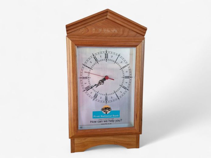 1980's Wooden Clock & Filing Cabinet on Rotating Wheels