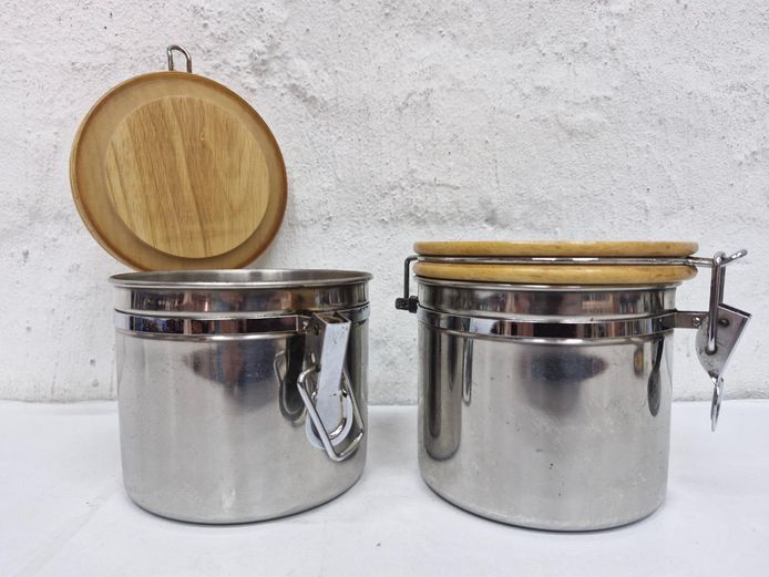 Pair of Stainless Steel Storage Canisters with Wooden Lids
