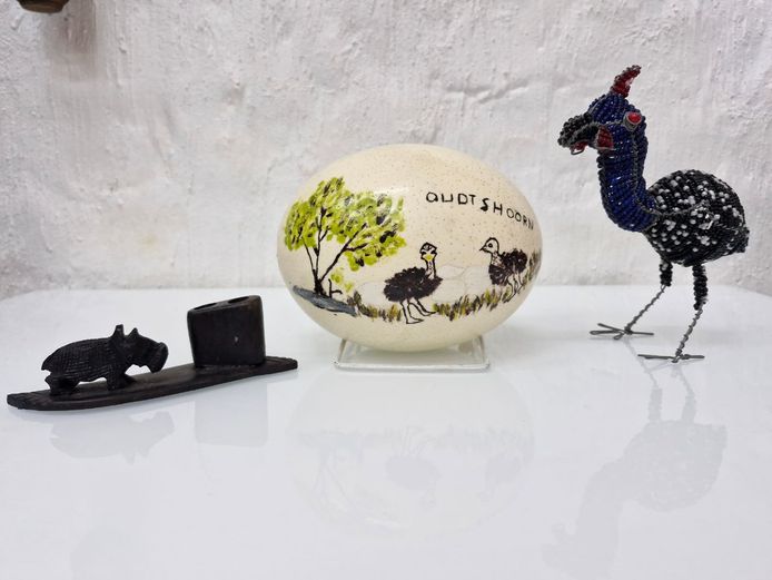 Vintage SA Curio Collection - Hand-Painted Ostrich Egg, Beaded Bird & Carved Rhino Holder