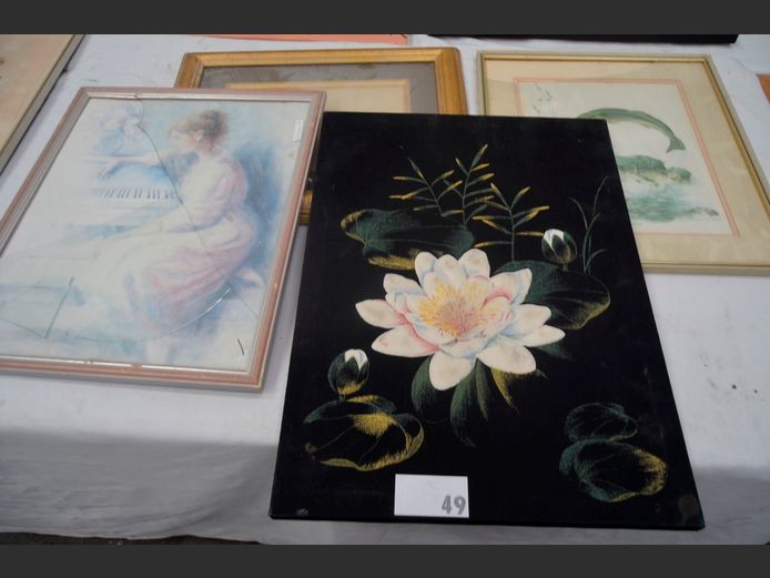 FRAMED ARTWORK ON FABRIC "LILY", FRAMED FISH PRINT, etc [Glass broken on some]