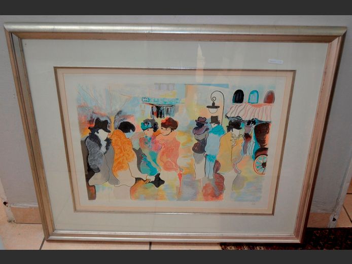 SILVER GILT FRAMED PRINT "OLD TOWN", 73 x 54cm