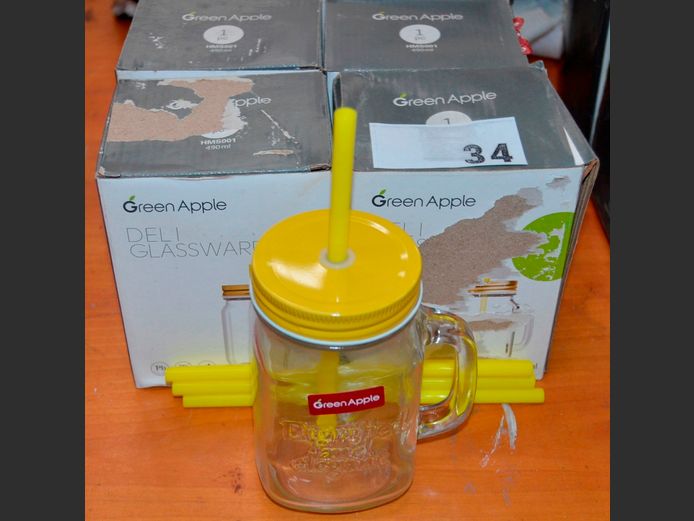 SET OF 6 GREEN APPLE GLASS JARS WITH STRAWS