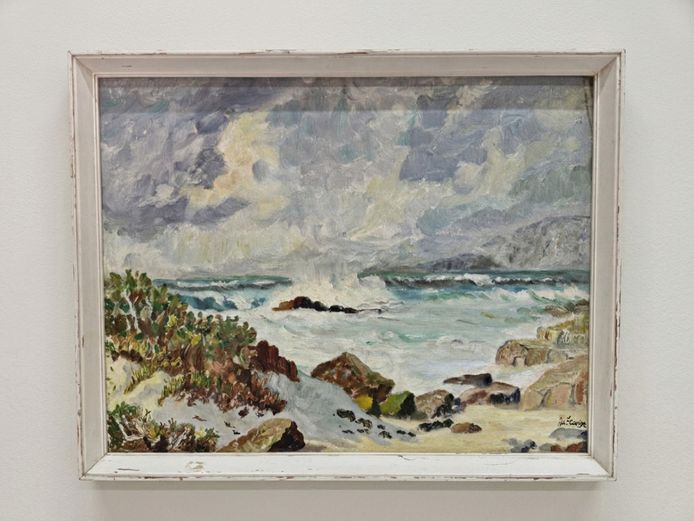 Original Coastal Seascape Oil Painting with Indistinct Signature