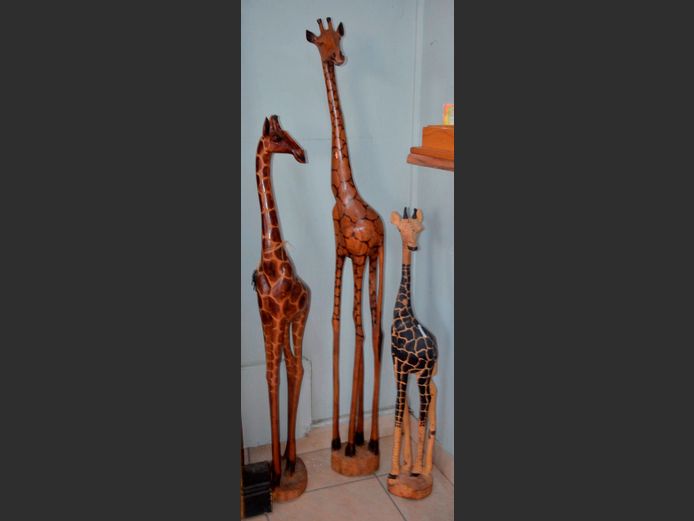 LOT OF 3: CARVED GIRAFFES, 160cm, 132cm & 103cm High
