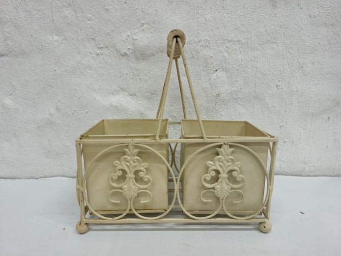 Metal Dual Cream Planter Caddy with Wooden Handle