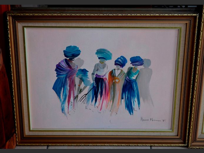 HELENA MOMMEN GILT FRAMED OIL ON BOARD "AFRICAN WOMEN", 59 x 44cm