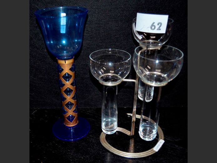 SET OF 3 GLASS VASES IN METAL STAND & ANOTHER