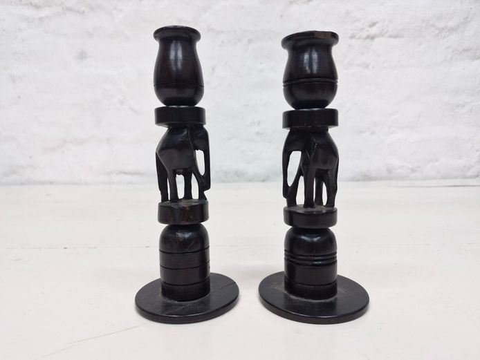 Pair of Hand-Carved Wooden Elephant Candle Holders