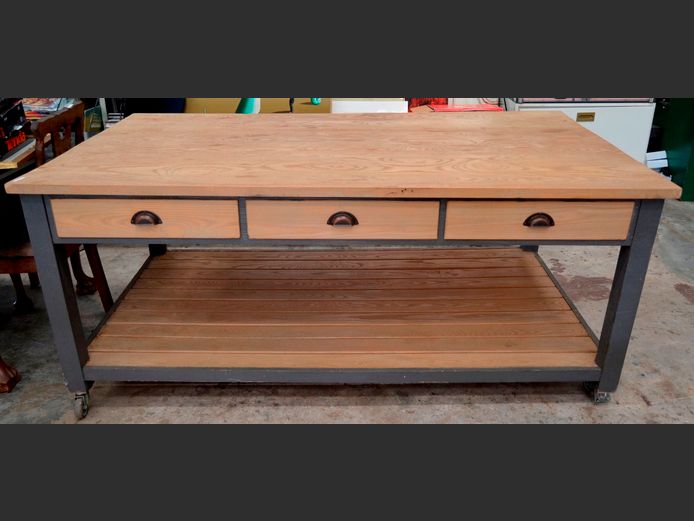 OAK 3-DRAWER KITCHEN ISLAND WITH BOTTOM SHELF ON CASTORS, 200 x 110 x 84cm