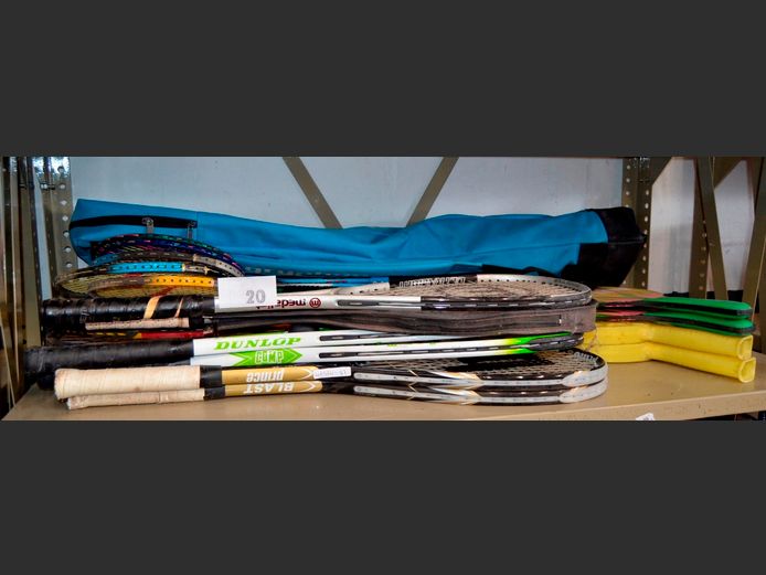 LOT: TENNIS RACQUETS, SQUASH RACQUETS, HOCKEY STICKS, etc