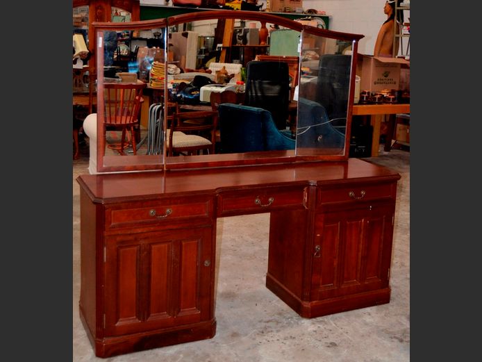 IMBUIA 2-DOOR, 3-DRAWER DRESSING TABLE, 165 x 45 x 156cm, WITH MIRROR & STOOL, 60 x 45 x 60cm [1 mirror cracked]