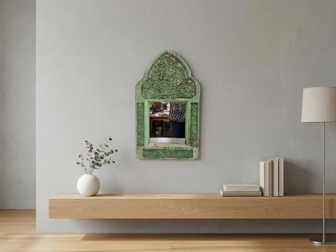 Hand-Carved Distressed Green Wooden Architectural Wall Mirror