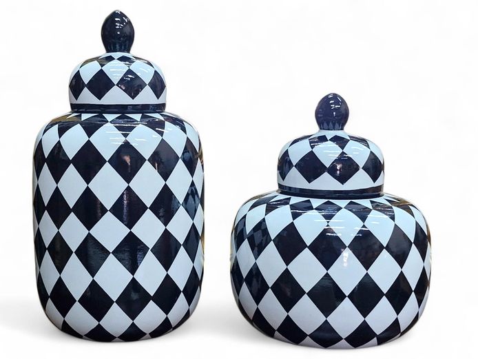 Pair of Black & White Checkered Lidded Ginger Jars