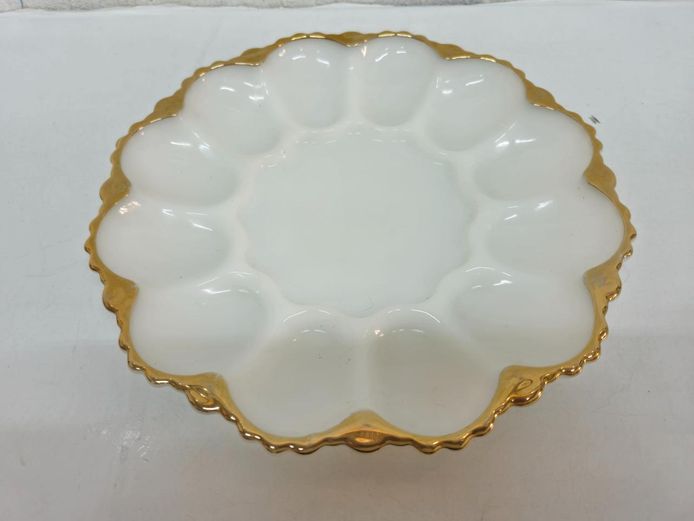 Vintage Milk Glass Egg Platter with Gold Rim