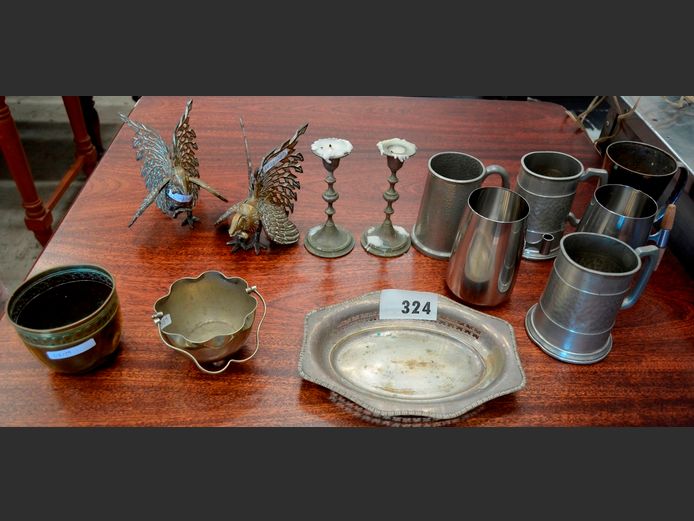 PAIR VINTAGE BRASS FIGHTING COCKRELLS, SILVER PLATE PIERCED TRAY, PEWTER BEER MUGS, etc