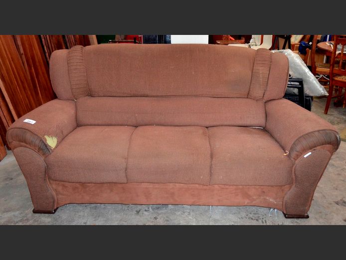 BROWN UPHOLSTERED 3-SEATER COUCH, 215 x 90cm [Some damage, needs re-covering]