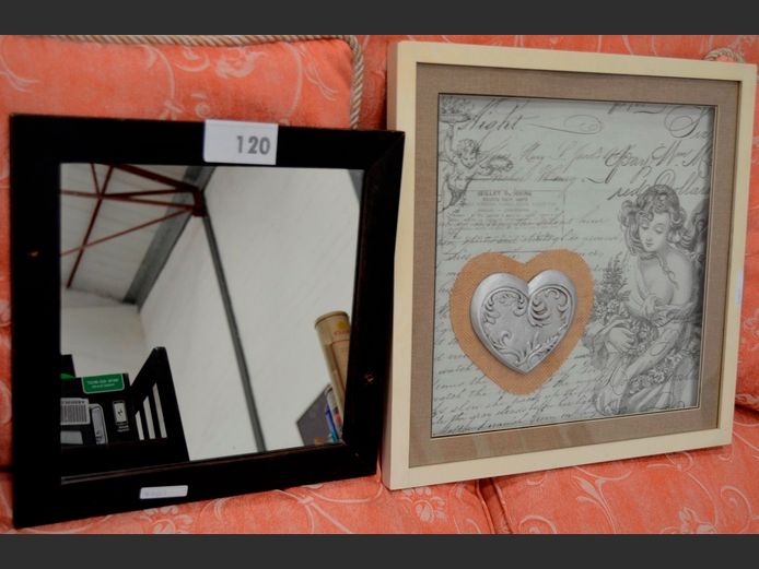 SMALL BLACK FRAMED MIRROR, 37 x 37cm, & A FRAMED ARTWORK, 37 x 37cm