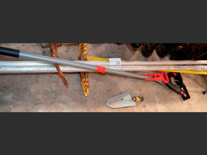 LOT GARDEN TOOLS: RAKE, FORK, PICK, etc