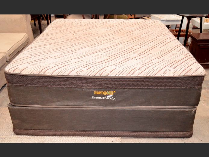 RESTONIC QUEEN SIZE BED BASE & MATTRESS SET [Needs a very good clean, holes to mattress]