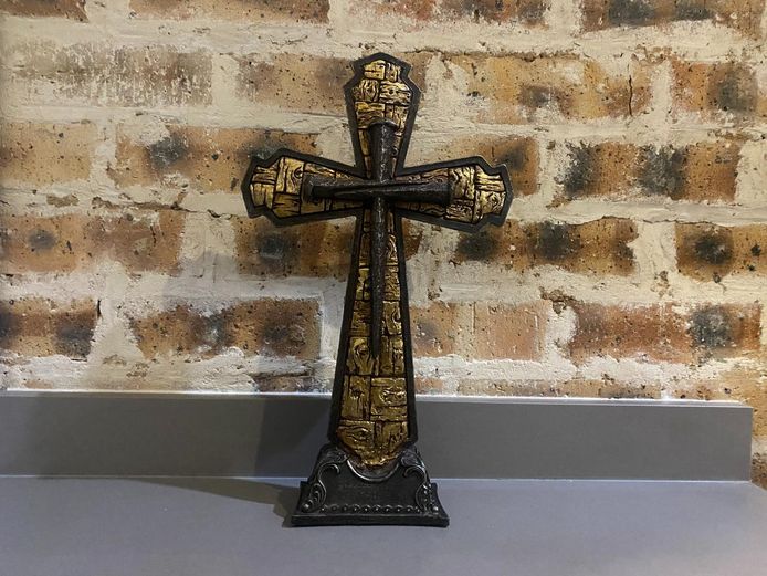 Striking Brutalist-Style Standing Crucifix Cross with Gilt Accent