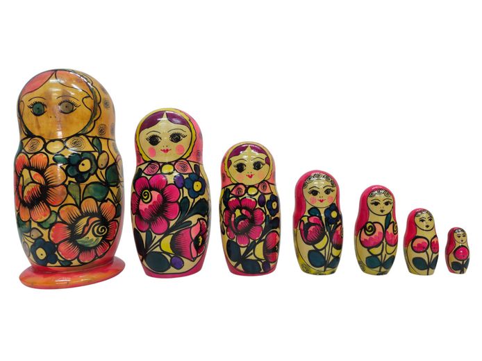 Vintage Hand-Painted Wooden Russian Matryoshka Nesting Dolls - Set of 7 (24cm H)