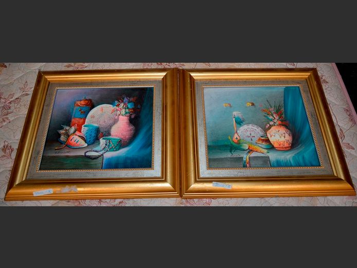 PAIR GILT FRAMED OILS ON BOARD "FLOWERS IN VASE", 27.5 x 23.5cm