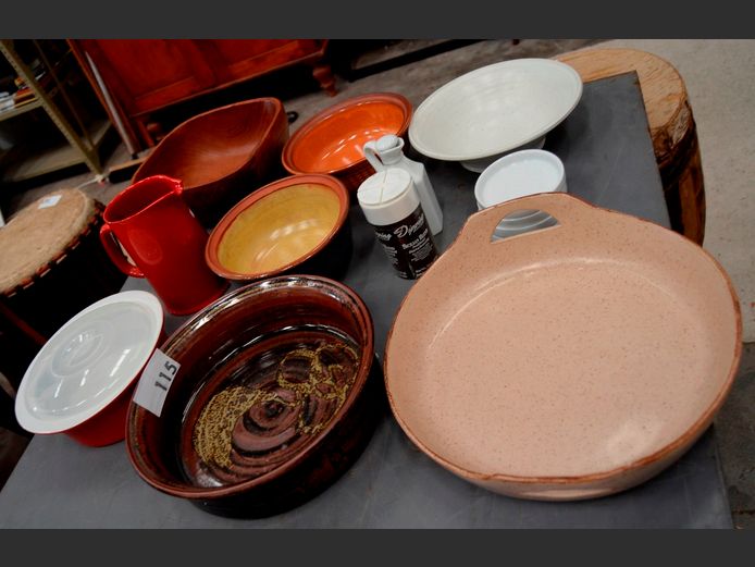 STONEWARE BOWLS, RED CERAMIC JUG, WOODEN BOWL, etc