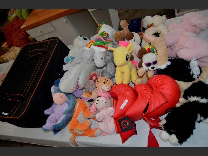 LOT: SOFT TOYS, SUITCASE, etc