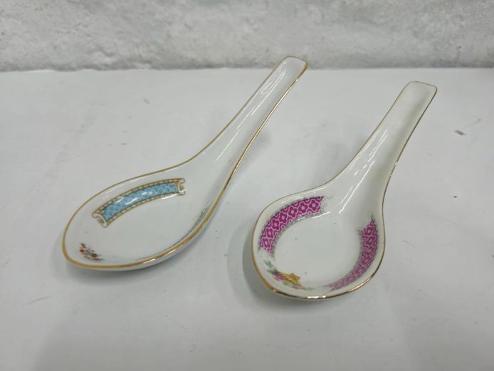 Pair of Vintage Chinese Porcelain Soup Spoons with Gilt Trim