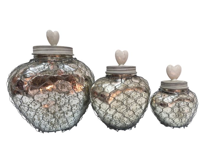 Trio of Heart-Shaped Mercury Glass Cloche Jars in Chicken Wire Cages