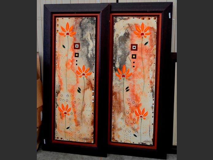 PAIR DARKWOOD FRAMED & SIGNED OILS ON CANVAS "FLOWERS", 120 x 40cm