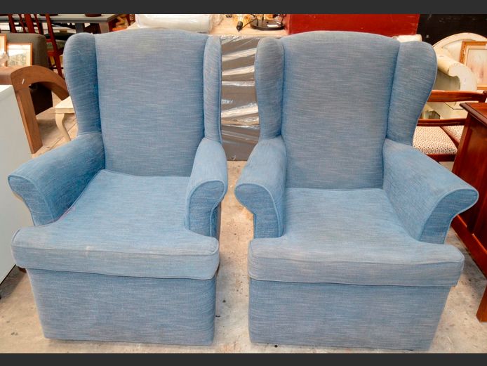 PAIR BLUE UPHOLSTERED WINGBACK ARMCHAIRS [Need a clean]