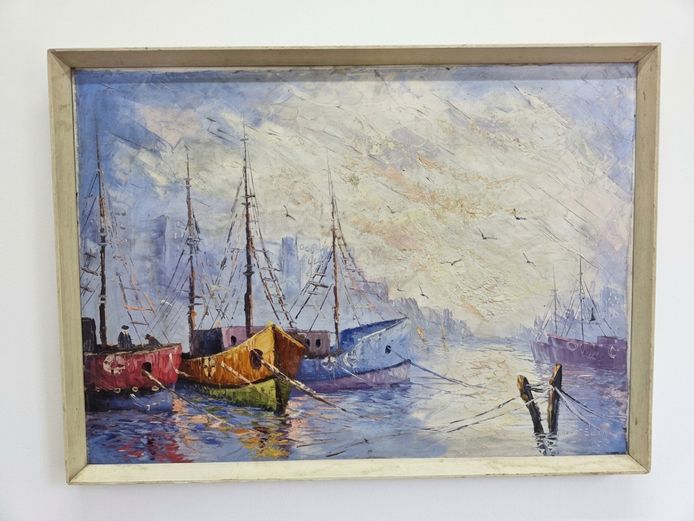 Harbor Scene with Moored Vessels, Signed Dr. Steyn (1975)