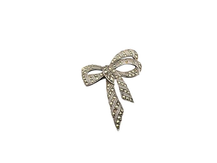 Vintage Solid Silver Marcasite Bow Brooch (Art Deco Style)