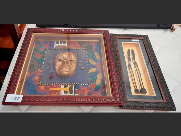 BOX FRAMED AFRICAN ARTWORK & BOX FRAMED DRAMA MASK, 53 x 53cm & 53 x 25cm