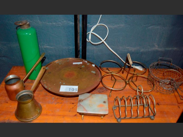 BRASS TAZZA STAND, TURKISH COFFEE POT, TOAST RACK, etc