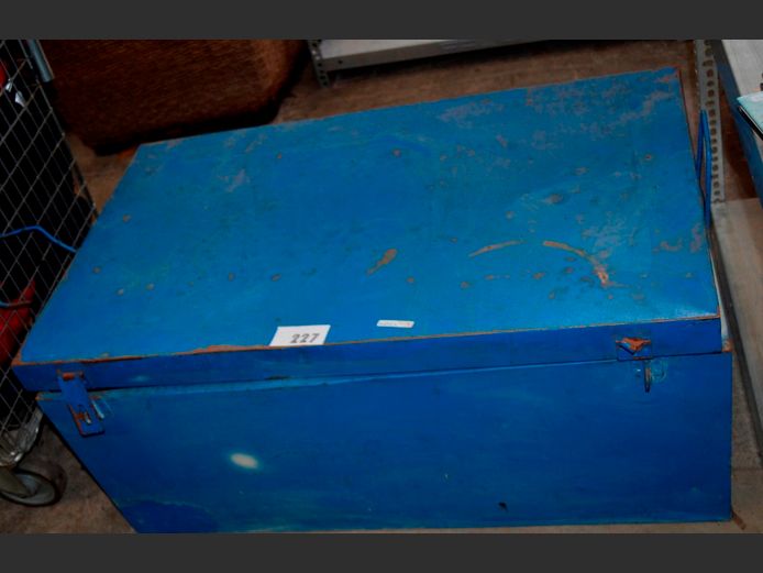 BLUE METAL TRUNK & CONTENTS, 90 x 53 x 40cm [Dented & rusted]