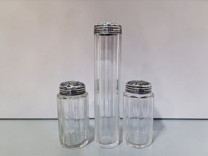 Edwardian Sterling Silver-Topped Fluted Glass Vanity Jar Set