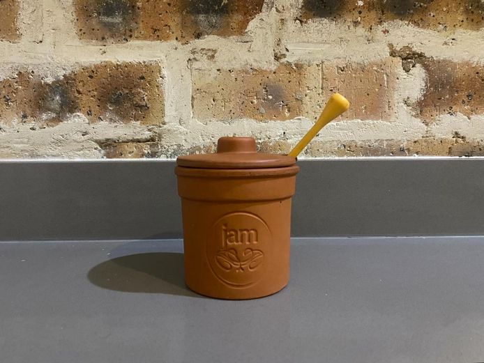 Vintage Terracotta 'Jam' Pot with Lid & Yellow Honey Dipper