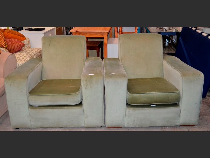 PAIR ART DECO GREEN UPHOLSTERED ARMCHAIRS