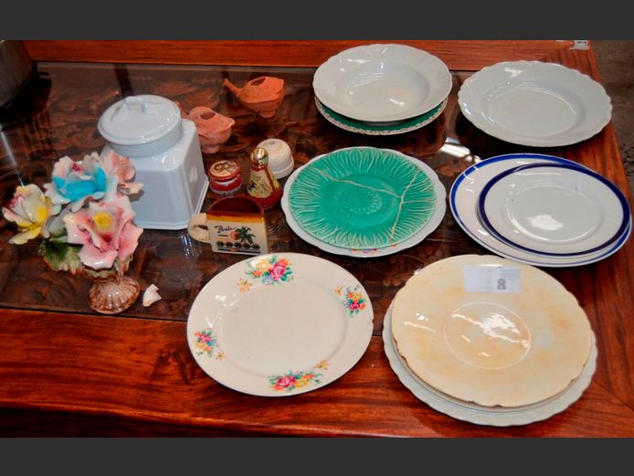 CLARICE CLIFF, ALFRED MEAKIN & SHELLEY: PLATES, ROSE ORNAMENT, JAR WITH LID, etc [Damage to some pieces]