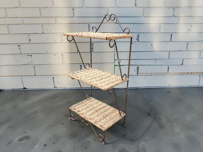 Vintage 3-Tier Wrought Iron & Woven Wicker Shelving Unit