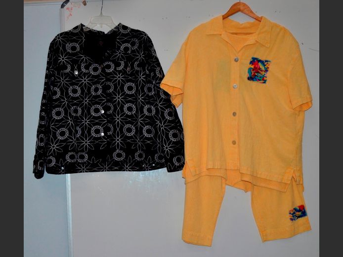 SILK LAND BLACK & WHITE LADIES JACKET & MICHAEL LEU YELLOW JACK, SHIRT & PANTS SET [Sizes XL]